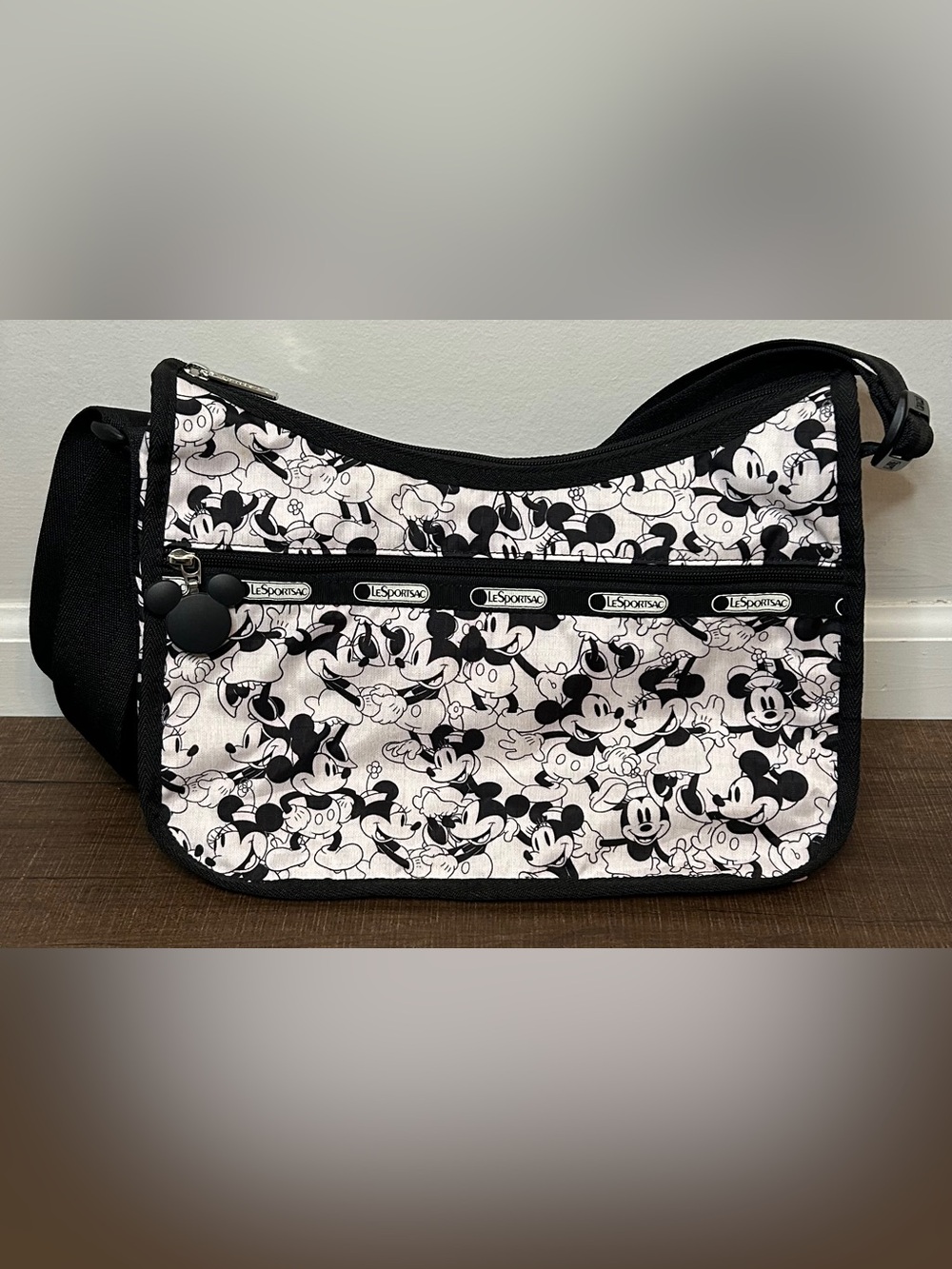 LeSportsac x Disney “Mickey Loves Minnie” Monochrome 3 Zip Crossbody Bag Purse